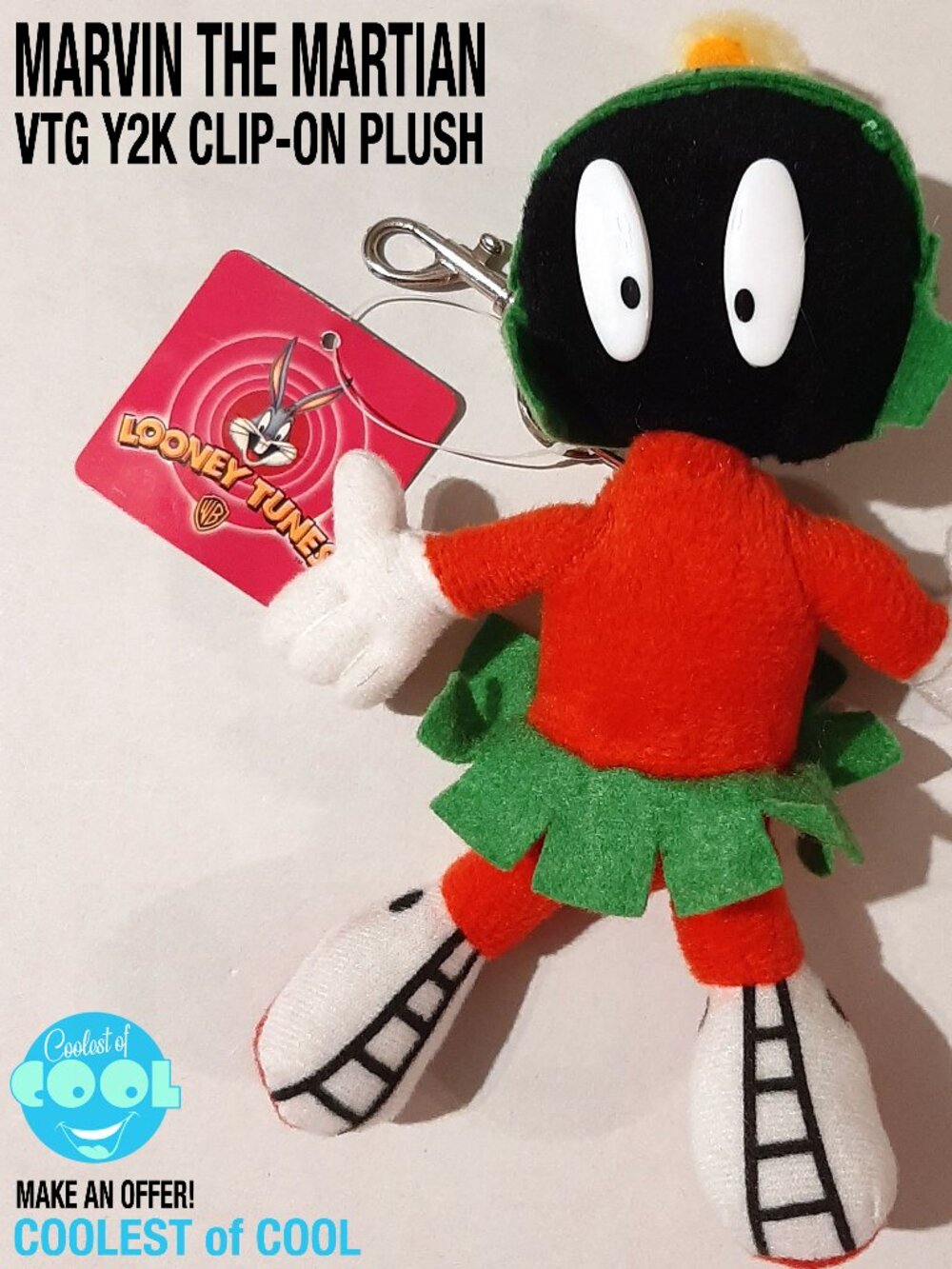 Vintage Y2K Marvin The Martian Plush bag clip on Looney Tunes 9” Space Jam NOS